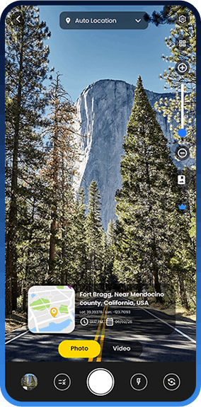 GPS Map Camera app screenshot showing location stamp on photo