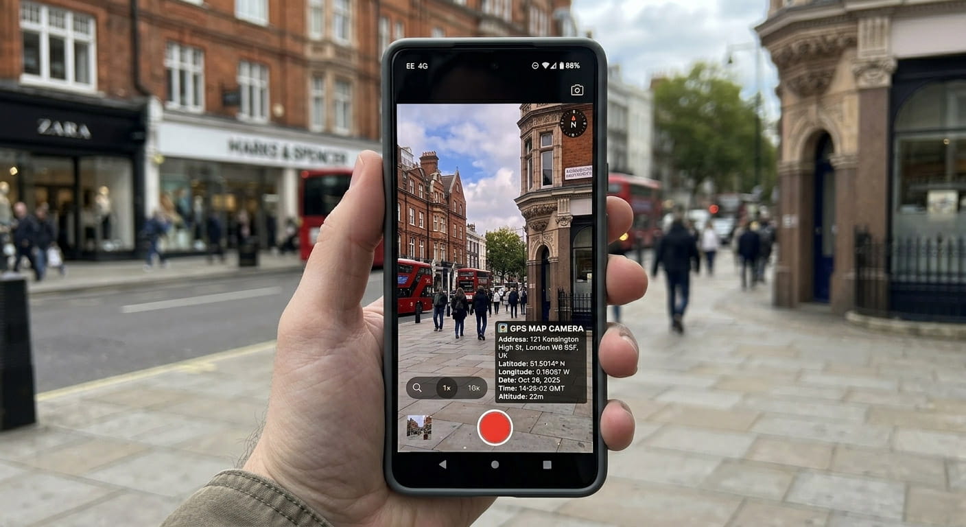 Android GPS camera app location overlay viewfinder