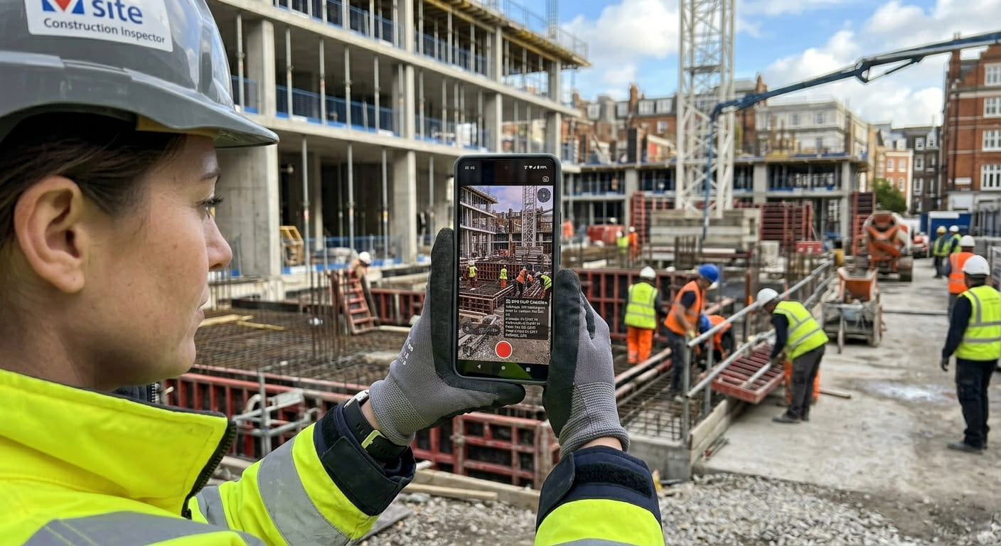 construction site inspector smartphone documentation photo