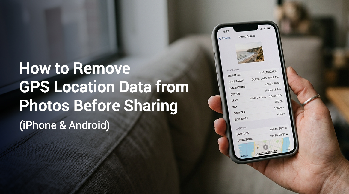 iPhone screenshot showing how to remove GPS location data from photos in EXIF metadata