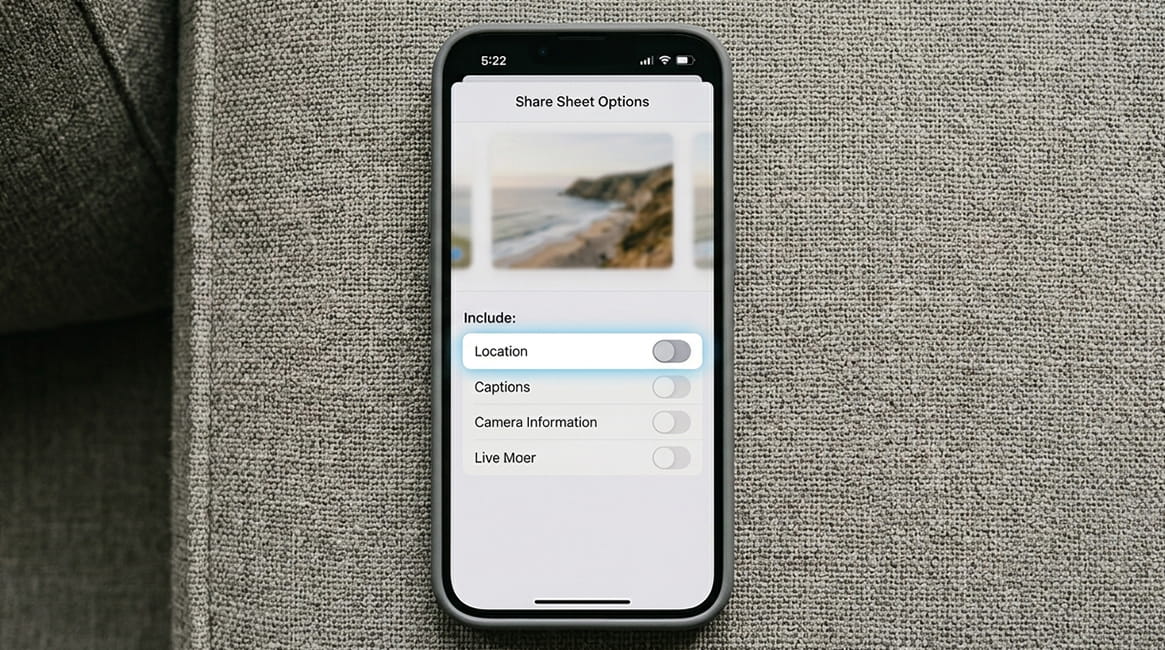 iPhone Share sheet Location toggle used to remove GPS location data from photos before sharing