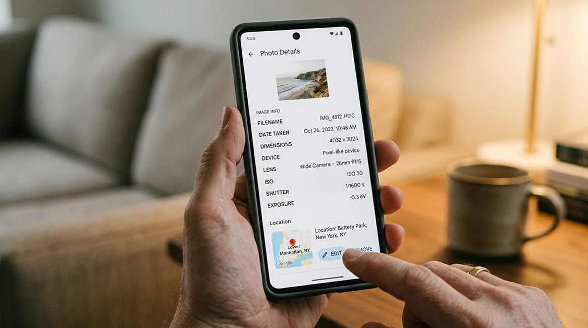 Android phone showing Google Photos info panel with GPS location data ready to be removed