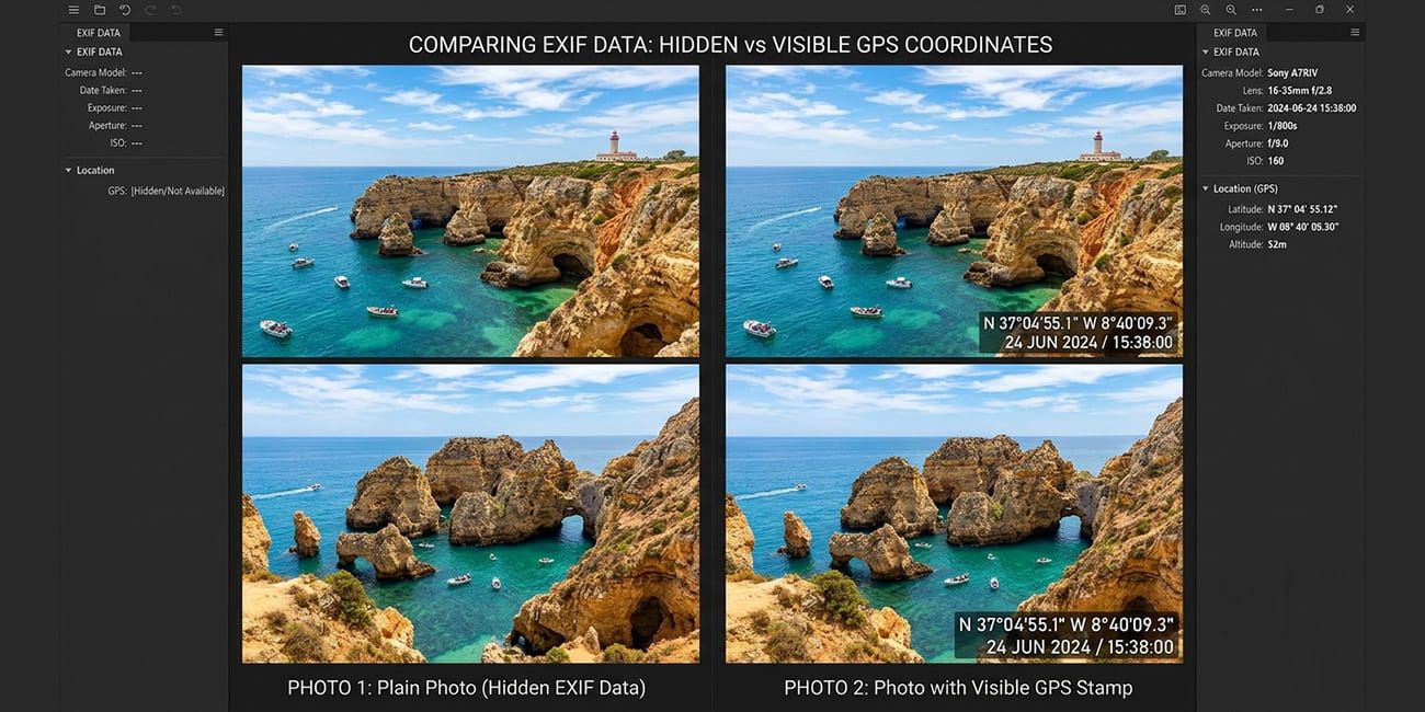 A plain photo with hidden EXIF data next to the same photo with a visible GPS stamp showing coordinates in photos