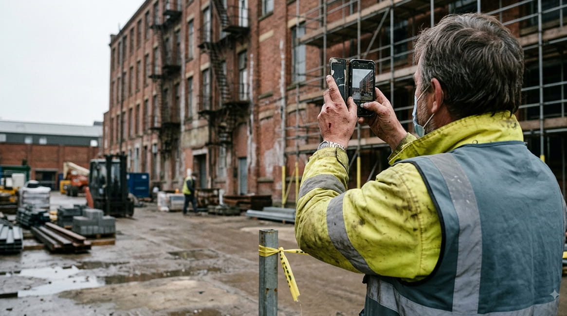 Site inspector photographing a building facade with a smartphone during a field visit