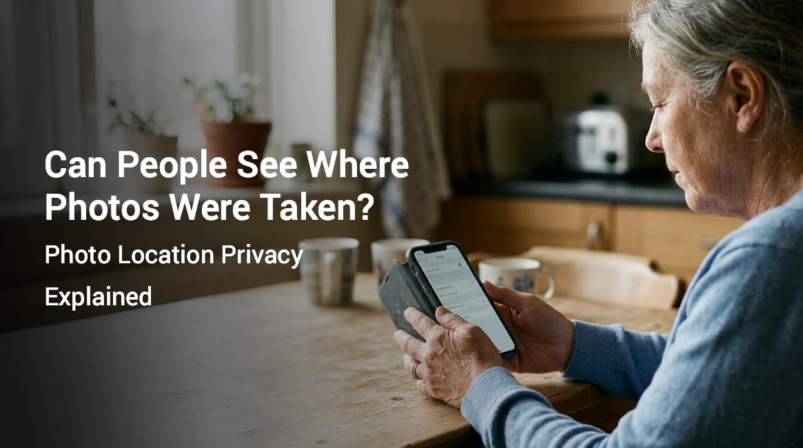 Person checking location permission settings on a smartphone at a kitchen table