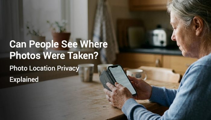 Person checking location permission settings on a smartphone at a kitchen table